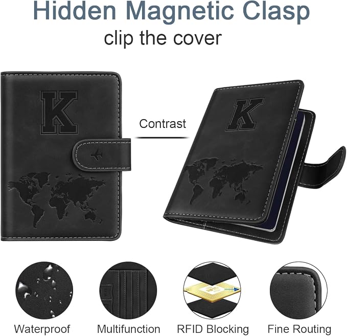 Passport Holder for Travel Essentials Personalized Initial Wallets | Embossed Letter A-Z Design, RFID Blocking, Passport Cover, Passport Book Holders, Men Women, Personalized Gifts, Black-K
