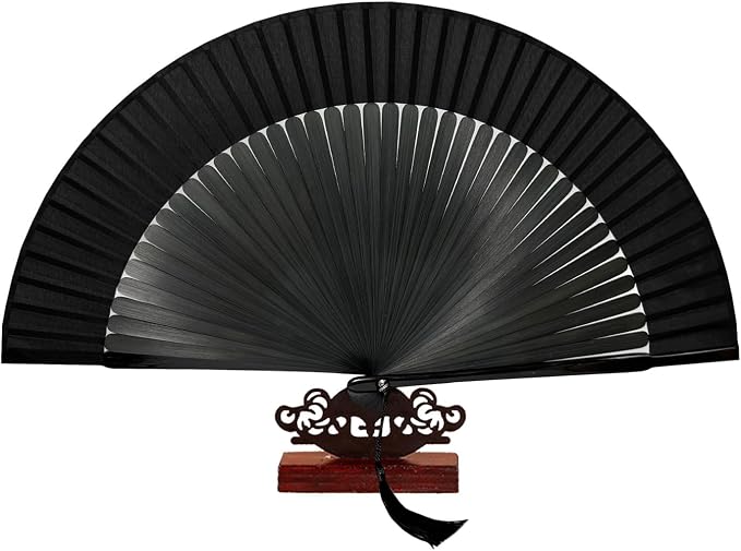 EOSAU Bamboo Hand Fan Foldable 8.3 Inch, Portable Folding Fan with Pouch for Church Wedding Makeup, Small Decorative Cooling Fan for Women (Black/Solid)