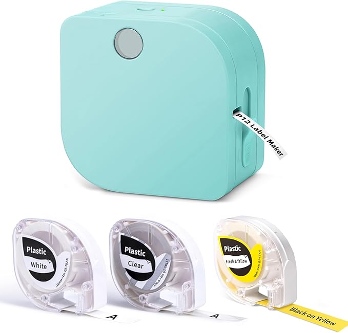 Phomemo Label Maker Machine with 3 Tapes, P12 Small Bluetooth Mini Label Makers with Multiple Templates Ribbon Printer Machine for Kid School Items, Home, Cloth Name Tag, Gift Wrap, Green