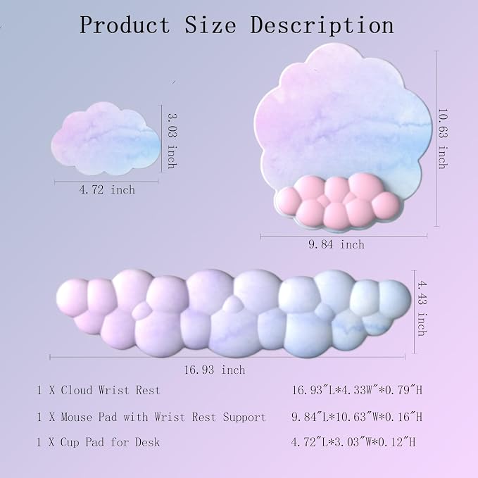 Cloud Wrist Rest Keyboard Ergonomic Mouse Pad with Wrist Rest for Keyboard and Mouse Pad Set Memory Foam PU Base Wrist Support for Computer Gaming Home Office Relief Pain Gradient Blue Pink