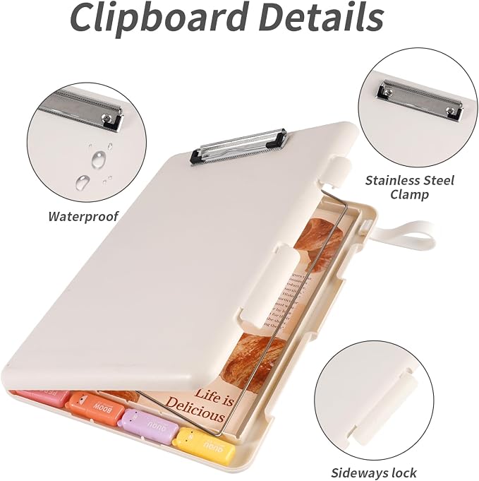 Letter Size Clipboard with Storage, Plastic Clipboard with Side Opening, A4 Waterproof Foldable Nursing Clip Board for School & Office with Christmas Stickers (Khaki)
