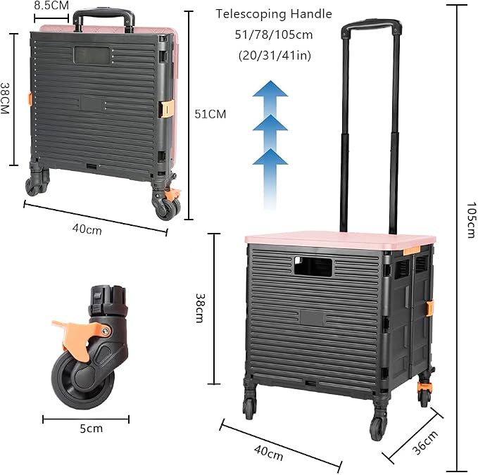 FELICON SELORSS Foldable Utility Cart Folding Portable Rolling Crate-Pink | Heavy Duty,Telescoping Handle,4 Rotate Wheels,Collapsible Handcart for Travel Shop Move Luggage Laundry Teacher Office Use