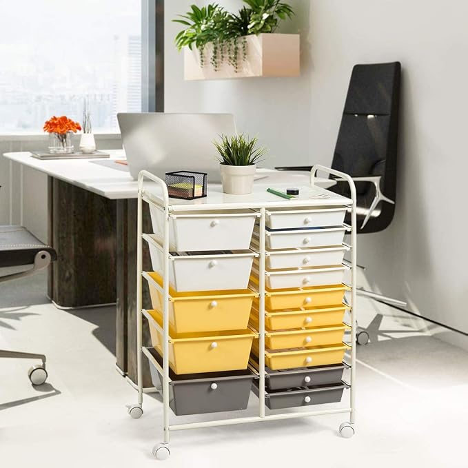 15 Drawer Rolling Storage Cart, Rolling Cart with Drawers for Classroom, Art Supply Craft Organizer on Wheel with Metal Frame & Handles for Home Office School