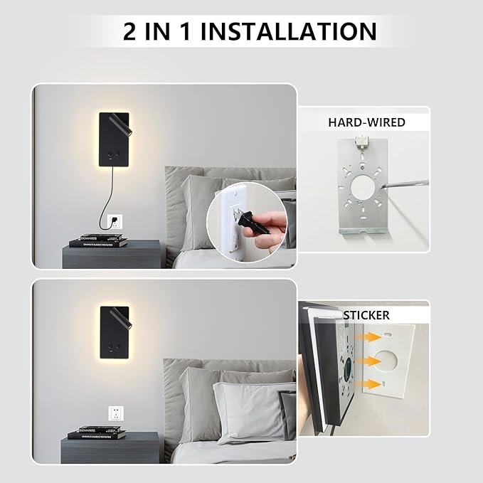 LED Reading Light Wall Mounted Lamp with 3 Brightness Dimmable & USB C+A Ports, Black Bedside Wall Lamps for Bedroom, Wall Sconce with Switch, Bed Lights for Headboard, Hotel, Bunk Bed, Dorm