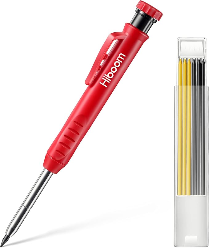 Hiboom Mechanical Carpenter Pencil with 7 Leads, Deep Hole Marker, Red | Built-In Sharpener, Long Nose Construction Pencil, Pocket Clip Design, Woodworking Tools, Marks on Various Surfaces