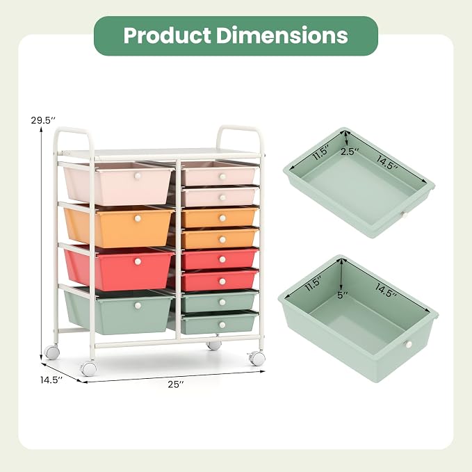 12 Drawer Rolling Storage Cart, Rolling Cart with Drawers for Classroom, Art Supply Craft Organizer on Wheel with Metal Frame & Handles for Home Office School (Macaron, 12 Drawer Left-Right)