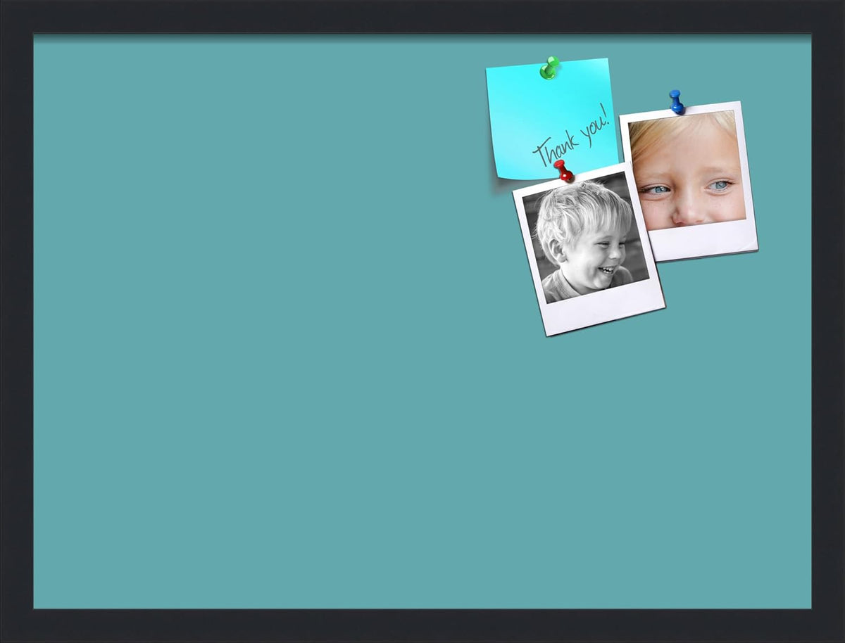 PinPix 23x17 Inch Cork Bulletin Board. This Decorative Framed Pin Board Comes with Aqua Pastel Design and a Satin Black Frame. Ideal for Home Office Decor or Message Board (PinPix-1806)