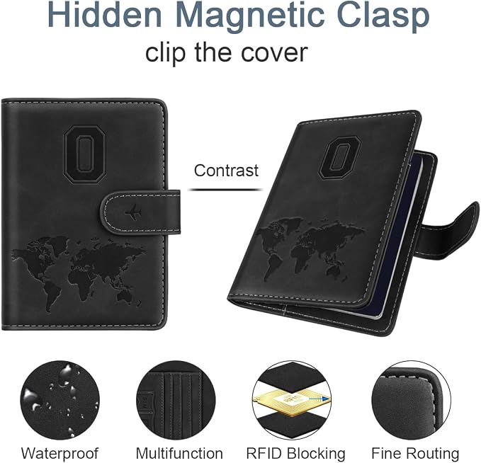 Passport Holder for Travel Essentials Personalized Initial Wallets | Embossed Letter A-Z Design, RFID Blocking, Passport Cover, Passport Book Holders, Men Women, Personalized Gifts, Black-O