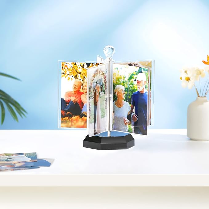 ZEEYUAN Rotating Acrylic Photo Frame DIY Multiple Picture Frame 5 Double Sides/Insert 10 Pcs of 4x6 Inch Photos,360° Rotation Windmill Picture Frame Desktop Photo Display