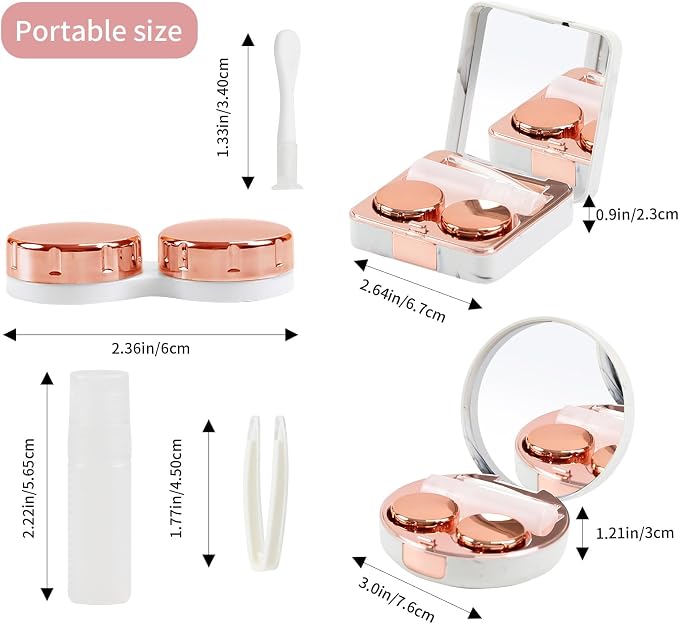Contact Lens Case, 2 Pack Cute Portable Eye Contacts Travel Box with Mirror Colored Lenses Applicator Remover Tool Kit Solution Bottle for Daily Makeup Office Outdoor (Rose Gold Marble)
