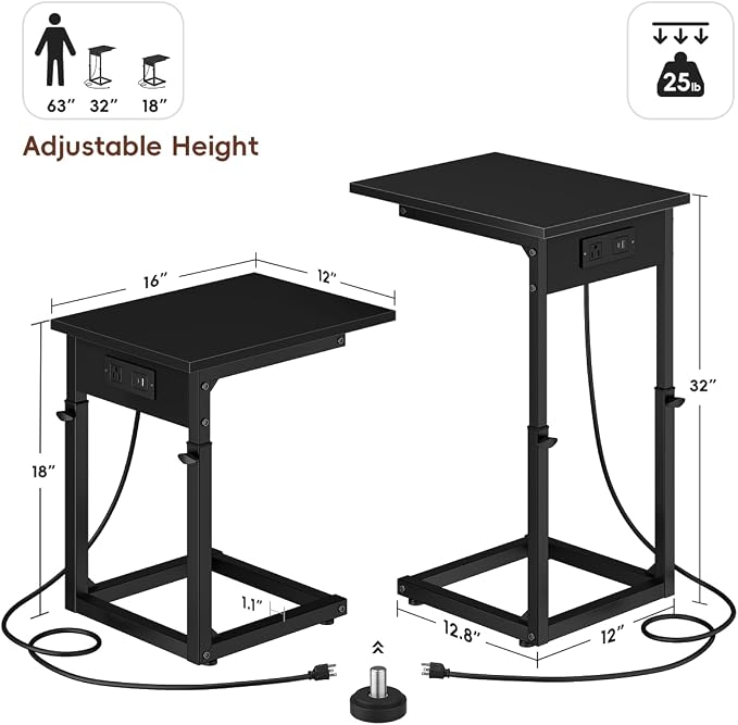 C Shaped End Table with Charging Station, 33"Tall C-Table End Table Adjustable Height Side Table for Couch, Couch Table That Slide Under Sofa Table TV Tray Table for Living Room,Bedroom,Black