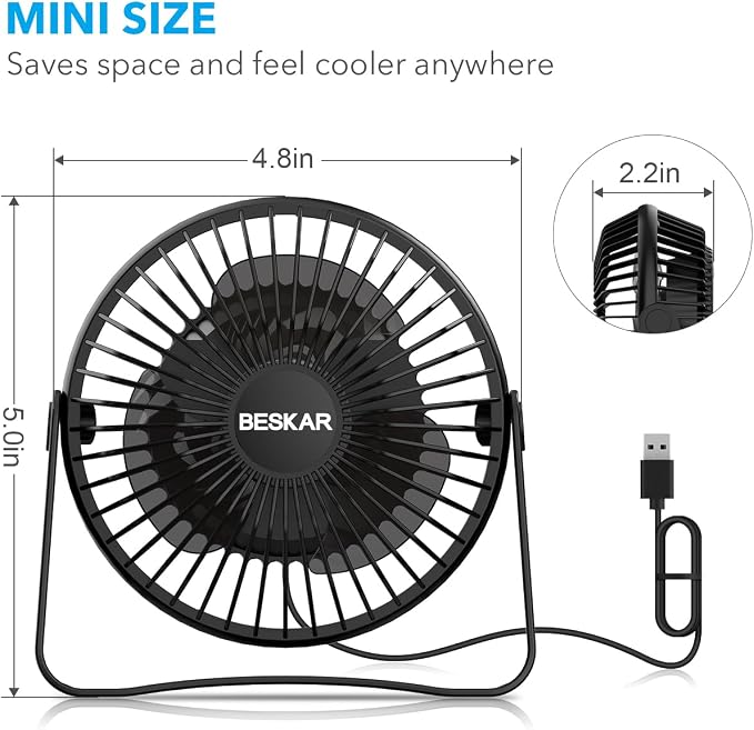 BESKAR USB Small Desk Fan, Portable Table Fans with 3 Speeds Strong Airflow | Quiet Operation and 360° Rotate, Personal Cooling Fan for Home, Office, Bedroom, 3.9 ft Cord