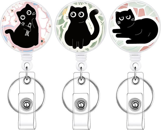 3 Pack Cat Lover Badge Reels Retractable Badge Clip with Key Ring Retractable Badge Holders for Office Worker Teacher Nurse Student（Cat）