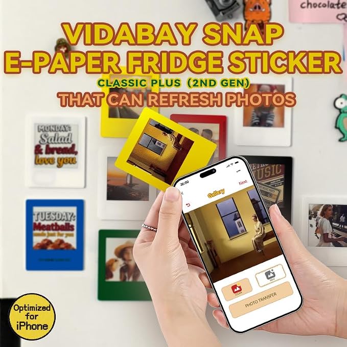 E-Paper Fridge Magnet Classic Plus, Battery Free E-Ink Photo Display, Wireless NFC Smart Frame, Phone Control Acrylic Memo Board Home Travel Party Gift, Compatible iPhone13&Newer(Yellow)
