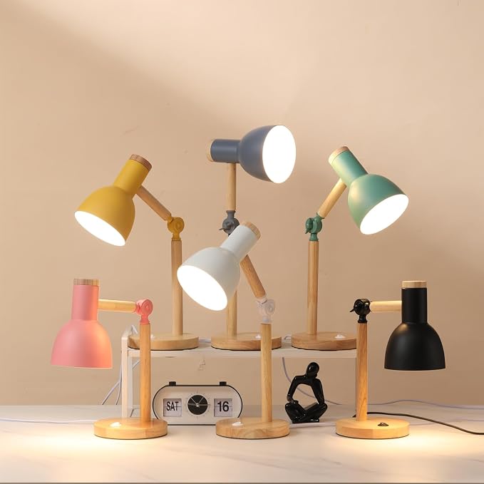 Adjustable Wooden Arm Desk Lamp, Metal Shade Table Lamp | Dorm Lamp,Bedside Lamp,Reading Lamp,Lamp for Home Office