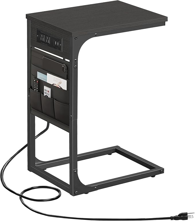 TUTOTAK C Shaped End Table with Charging Station, Side Table for Sofa | Couch Table with Storage Bag, TV Tray with 2 USB Ports and Outlets, Living Room and Bedroom, Black TB01BK024