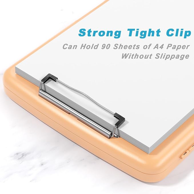 Rimilak Clipboard with Storage, 8.5 x 11'' High Capacity Clip Board, Orange | Smooth Writing, Side-Opening Plastic Folder with Pen Holder, Size 14.2 x 9.6 x 1.2″ ,for Classroom, Teacher, Student