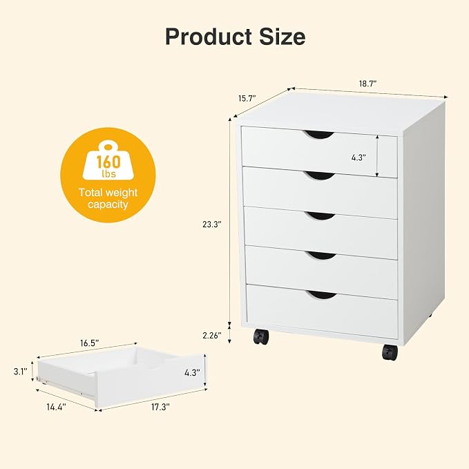 OLIXIS 5 Drawer File Cabinet, Under Desk with Storage Cabinet | Wood Under Desk Storage Organization Holds Printer, Office Supplies, Not For Hanging Files, Fit Home Office White