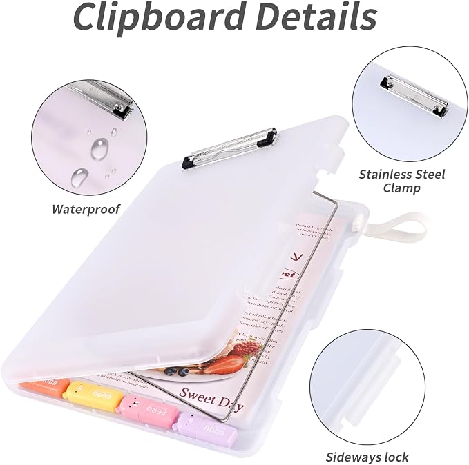 Letter Size Clipboard with Storage, Plastic Clipboard with Side Opening, A4 Waterproof Foldable Nursing Clip Board for School & Office with Christmas Stickers (B-Clear-1PCS)