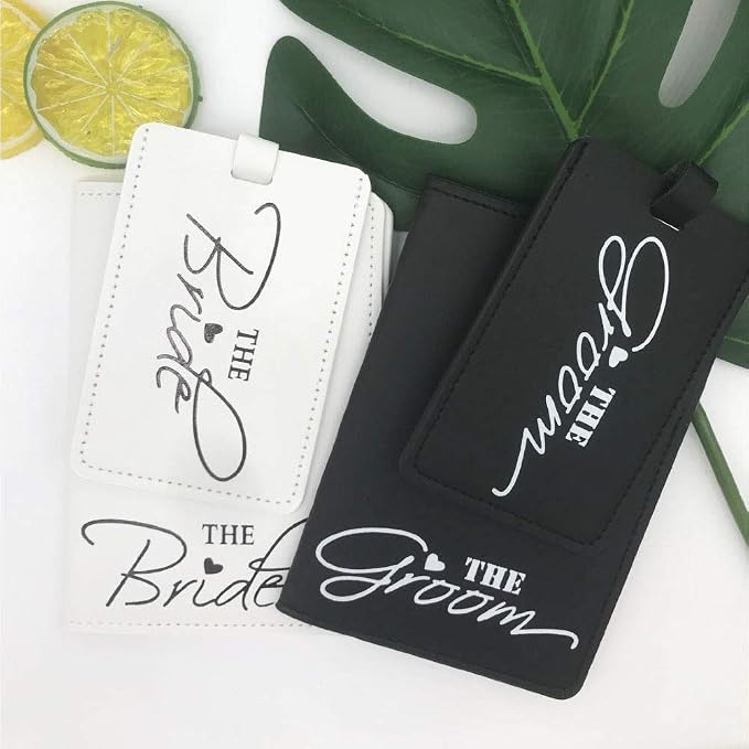 2 Pcs Bride and groom luggage tags + 2 Pcs passport cover, couple passport holder for honeymoon Wedding Bridal Shower Gift
