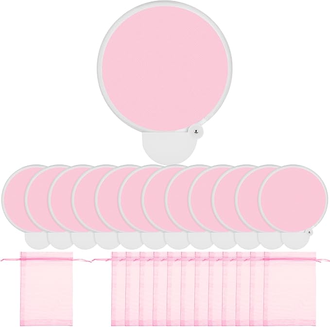 Roowest 12 Pcs 7.87“ Round Sublimation Blank Foldable Fan with Bag Polyester Colored Portable Handheld Compact Fold up Flying Disc Fans for Summer Wedding Graduation Party Favor (Pink)