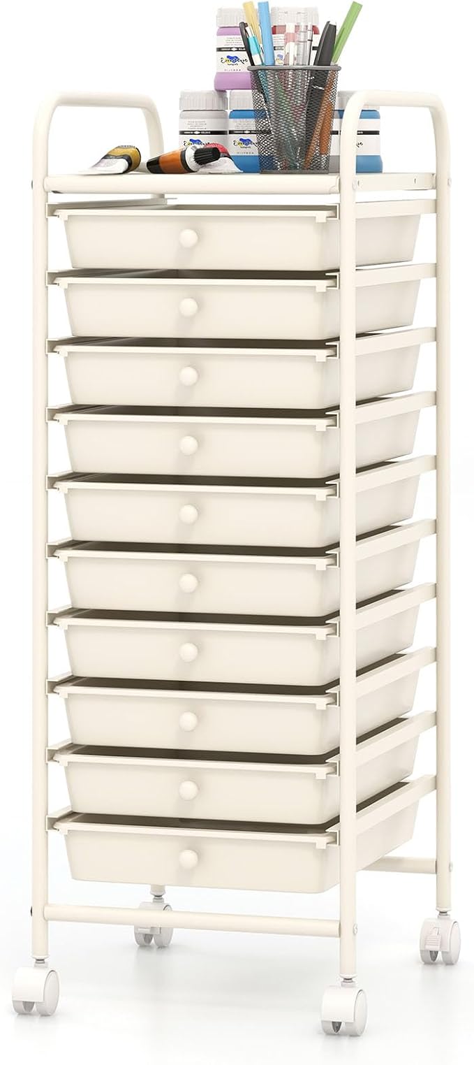 COSTWAY 10-Drawer Rolling Storage Cart, Utility Mobile Trolley | Removable Drawers & Universal Casters & 2 Brakes, Versatile Flexible Drawer Organizer Cart for Home, Office (White)