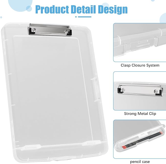 Hongri Clipboard with Storage with Pencil Case, 8.5 x 11 Storage Clip Board | High Capacity Organization Box for A4 Letter Legal Paper, Heavy Duty Folio & Side-Opening for Nurses, Teachers, translucent