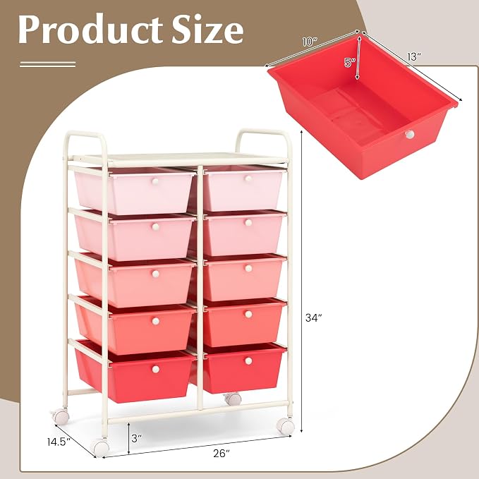 COSTWAY 10 Drawer Rolling Storage Cart, Utility Cart with Lockable Wheels | Mobile Art Supply Craft Organizer with Metal Frame, Multipurpose Drawer Cart for Paper for Office, School, Mixed Pink