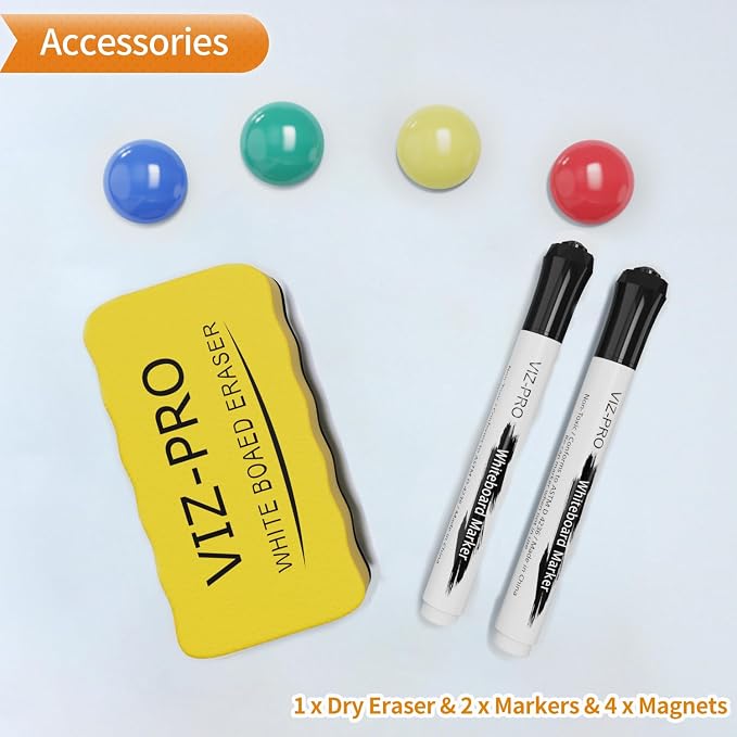 VIZ-PRO Magnetic Whiteboard, 18 x 12 Inches, Dry Erase Board for Wall | Includes 1 Eraser, 2 Markers & 4 Magnets, Aluminum Frame, for School Office and Home