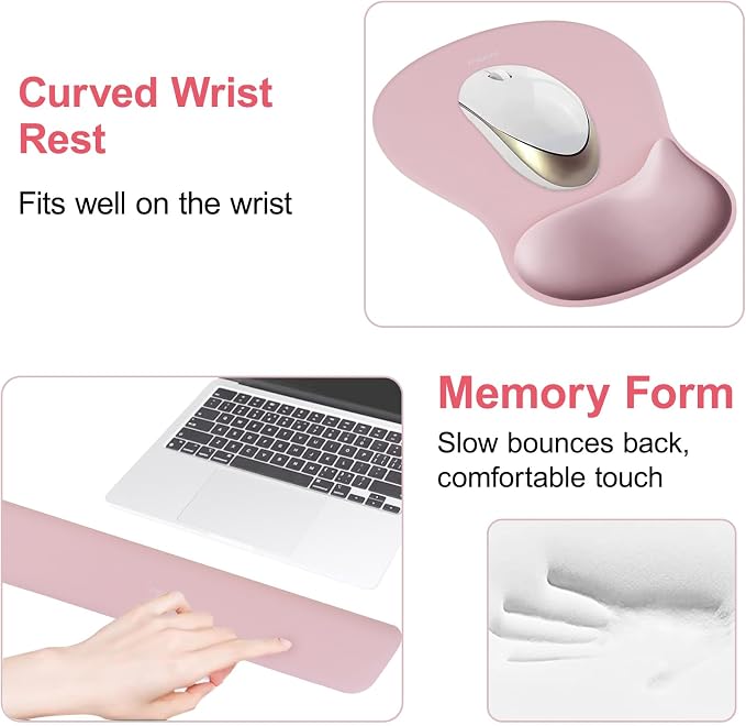 MOSISO Wrist Rest Support for Mouse Pad & Keyboard Set, Pink | Ergonomic Mousepad&Coaster, Non-Slip Base Home/Office Rectangular Easy Typing Pad with Soft Cloth&Curved Memory Foam