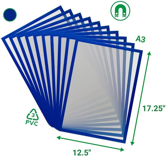 Tarifold Magnetic PRO Display Frames, A3 Size, Blue, 10 Pack | 10 magnetic anti-glare PVC frames, A3-size, blue border, portrait or landscape, quick document changes