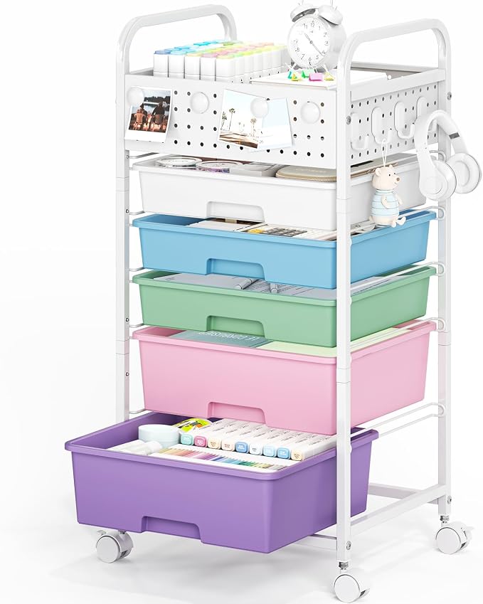 5 Drawer Rolling Storage Cart with Pegboard Top and Hooks, Ice Cream | Mobile Organizer Cart with Wheels for Office Supplies, Craft Storage, Classroom Organization, Home Utility Cart
