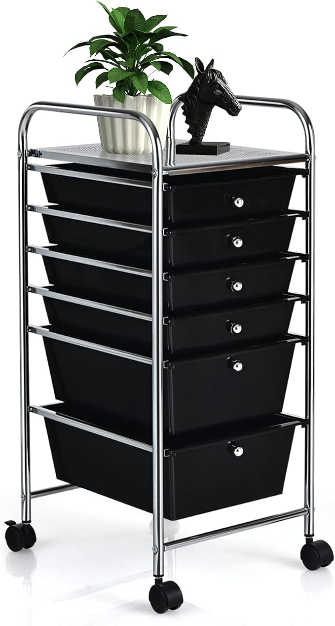 COSTWAY 6-Drawer Rolling Storage Cart, Art Craft Tools Organizer on Wheels | Multifunctional Heavy Duty Utility Mobile Storage Trolley w/ 2 Lockable Wheels for Home Office School (Black)
