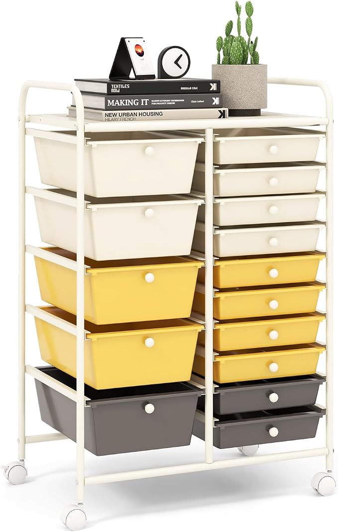 15 Drawer Rolling Storage Cart, Rolling Cart with Drawers for Classroom, Art Supply Craft Organizer on Wheel with Metal Frame & Handles for Home Office School