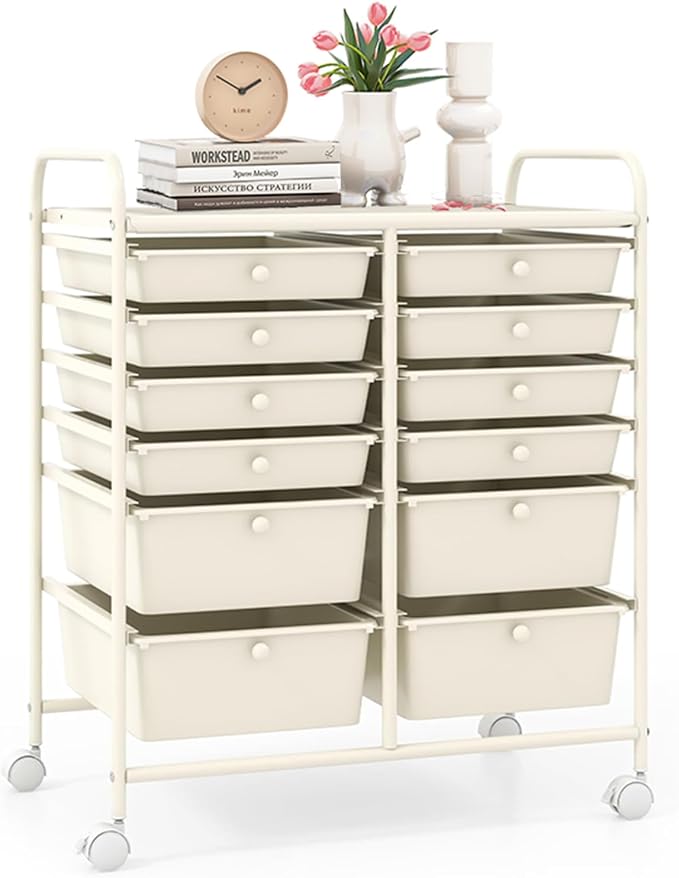 12 Drawer Rolling Storage Cart, Craft Cart Organizer on Wheels w/Metal Frame, Large Capacity & Smooth Drawer, Rolling Cart w/Drawers for Classroom, Office