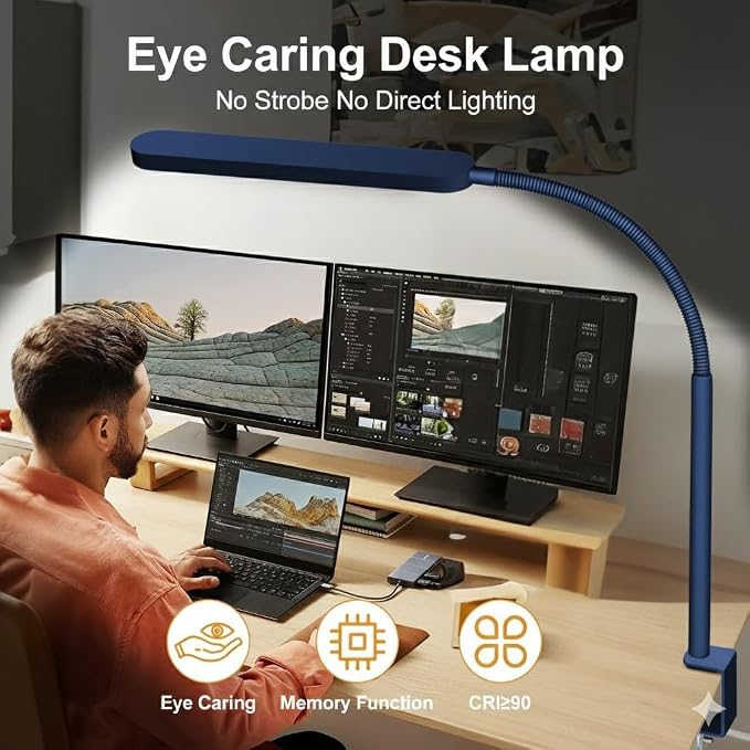 LED Desk Lamp - Desk Light for Home Office - Flexible Gooseneck - 5 Color Modes X 11 Brightness Levels - 1300LM - Timmer & Memory Function - 12W Clip on Light - Blue