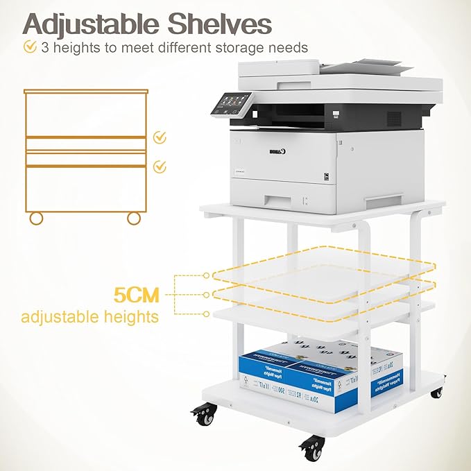 Natwind Printer Stand, 24''x20''x26'' Large Printer Table with Storage Shelf, 3 Tier Rolling Printer Cart with Wheels,Multifunctional Shelves for Home Office（White）