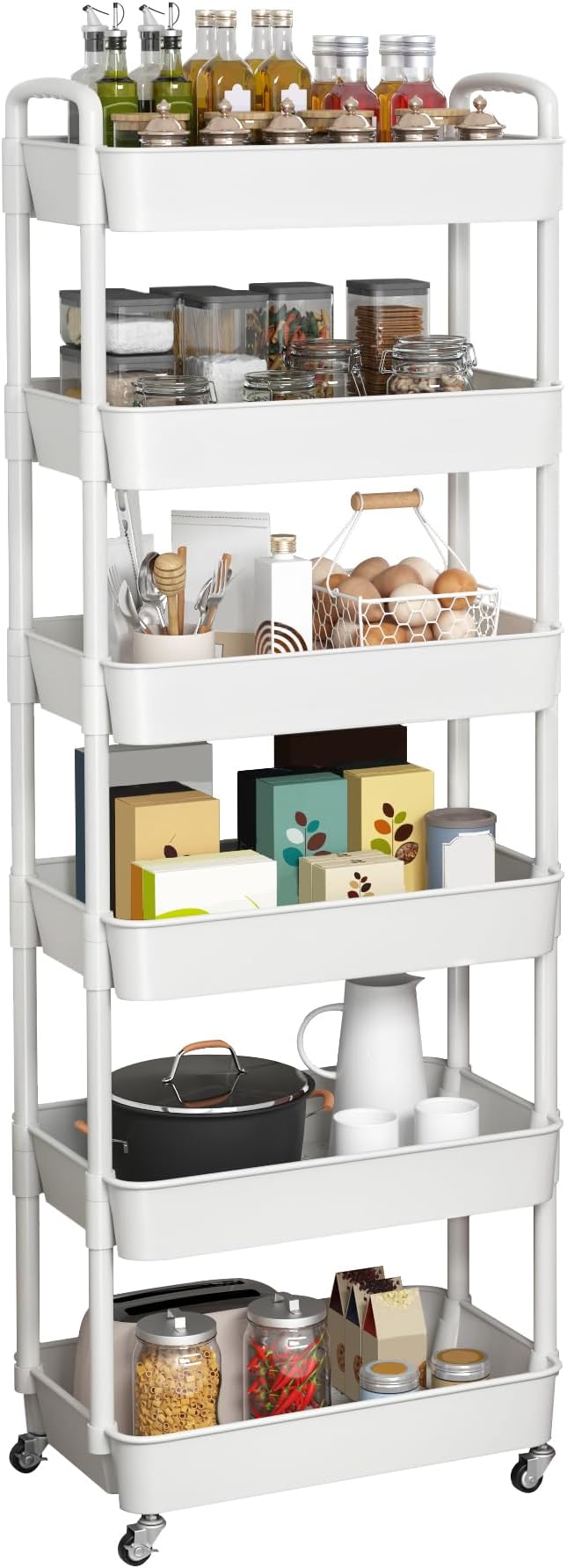 Sywhitta 6-Tier Plastic Rolling Utility Cart with Wheels for Storage,White | Multi-Functional Storage Trolley, for Office, Living Room, Kitchen, Bathroom,Movable Organizer,Space-Saving,Easy to assemble