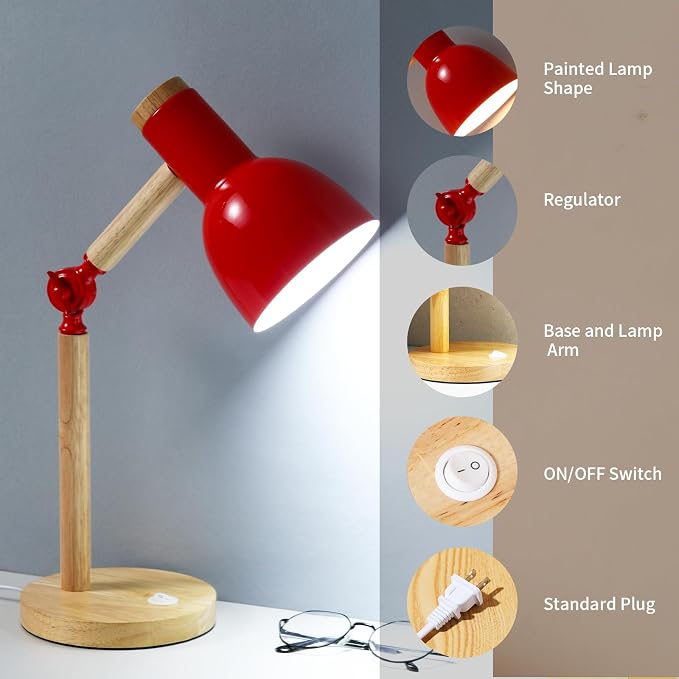 Adjustable Wooden Arm Desk Lamp, Metal Shade Table Lamp | Dorm Lamp,Bedside Lamp,Reading Lamp,Lamp for Home Office