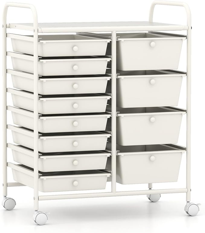 RELAX4LIFE 12-Drawer Rolling Storage Cart - Mobile Utility Drawer Carts | White Metal Frame & Drawers, Rolling Mobility Wheels; Craft Storage For Classroom School Home Office Utility Organization