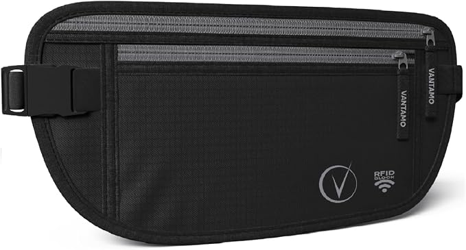 VVantamo Money Belt with RFID For Men & Women, Hidden Passport Holder for Travel, 2 Compartment Travel Fanny Pack for Women Anti Theft