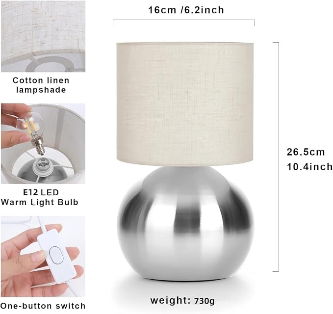 Modern Small Table Lamp Set of 2, Minimalist Nightstand Bedside Lamps with One-Button Inline Switch, 6.2×6.2×10.4 Inch Desk Light for Bedroom, Living Room,Including Light Bulb（Silvery）