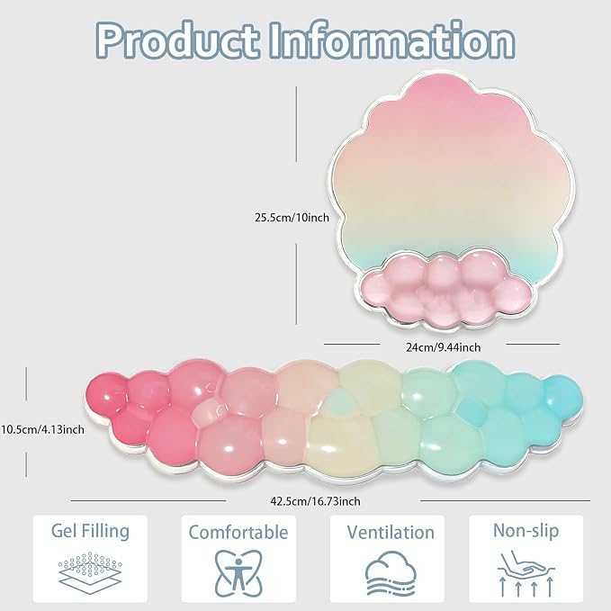 Sumgsn Gel Wrist Rest Set, Ergonomic Clear Cooling Wrist Rest Support Set with Non-Slip Base for Computer/Laptop/Gaming/Home/Office/Typing Pain Relief (Cloud Shape, Light Blue and Pink)