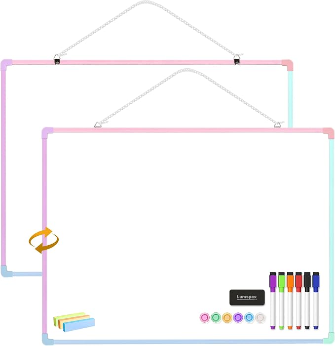 Dry Erase Board for Wall, 24" x 18" Double-Sided Hanging Magnetic Whiteboard with 6 Markers, 6 Magnets and 3 Mini Sticky Notes, Large White Board for School, Home, Office, Colorful Frame