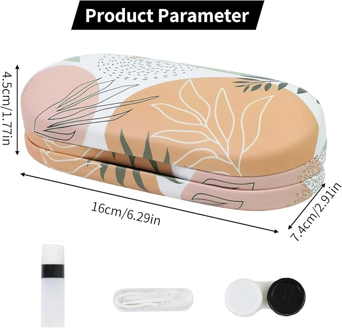 2 in 1 Contact Lens Case and Eyeglasses Case for Women Men Kids, Double Sided Hard Shell Portable Glasses Travel Holder with Built-in Mirror, Contact Lens Box Storage Kit, Boho Leaf
