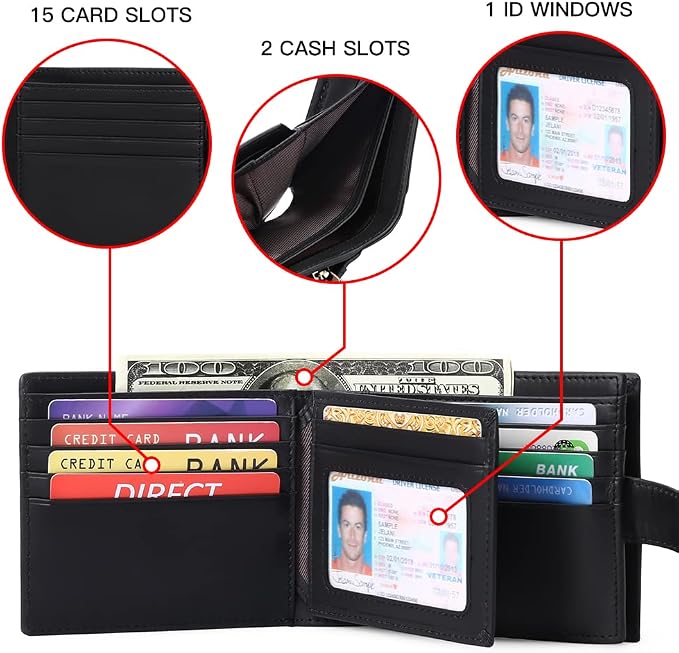 GOIACII Mens Wallet Large Capacity Genuine Leather RFID Blocking Bifold Wallets for Men with ID Window and 15 Card Slots