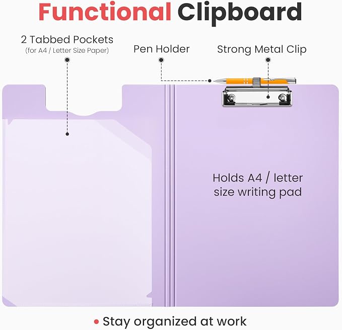 Sooez Foldable Clipboard Folder, A4 Folding Clip Board with Pen Loop 8.5x11 | 2 Tabbed Pockets, 360° Portfolio, Binder Clipboards with Low-Profile Metal Clip, Folio Storage for Nursing, School & Office
