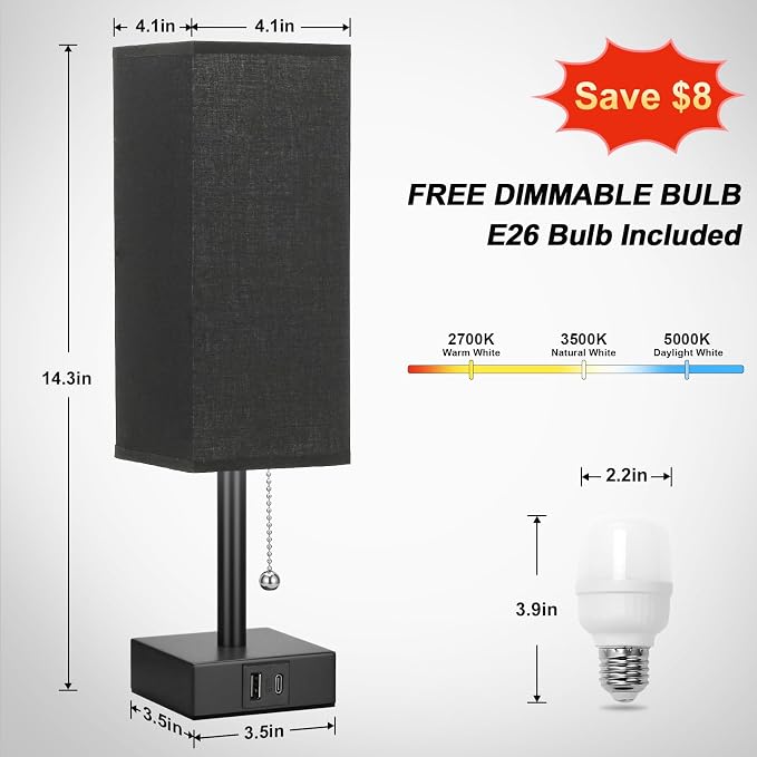 Black Small Table Lamp for Bedroom - 3 Color Temperature 3000K 5000K 4000K Bedside Lamp, Pull Chain Control, USB A and C Charging Ports, Black Base, for Kids Office Dorm Nightstand, Bulb Included | Pull Chain Lamp, 3 Color Modes(3000K/4000K/5000K), E26...