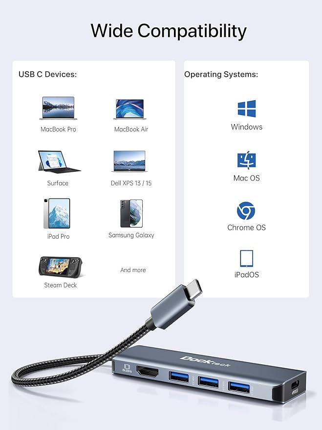 Dockteck 5-in-1 USB-C Multiport Adapter, 8K HDMI, 100W PD, 3 x USB 3.0 for Steam Deck, MacBook Pro/Air M1, iPad Pro/Air, Surface Pro 7/8/X