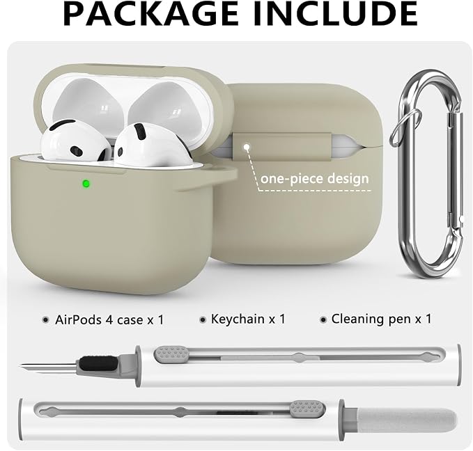 Ljusmicker for AirPods 4 Case 2024 with Cleaner Kit,Soft Silicone Protective Cover for Apple AirPods 4th Generation Cases for Women Men,for AirPod 4 Case Accessories with Keychain-Khaki
